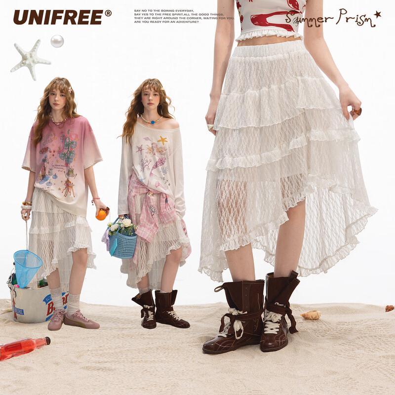 

UNIFREE Irregular Lace Tiered Midi Skirt One Size