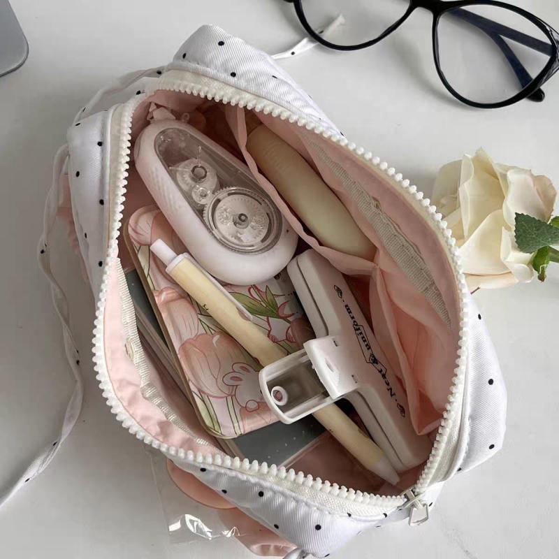Polka Dot Pencil Case Large Capacity Bow Decor Zipper Closure Stationery Pouch for Students School Exam Office Storage