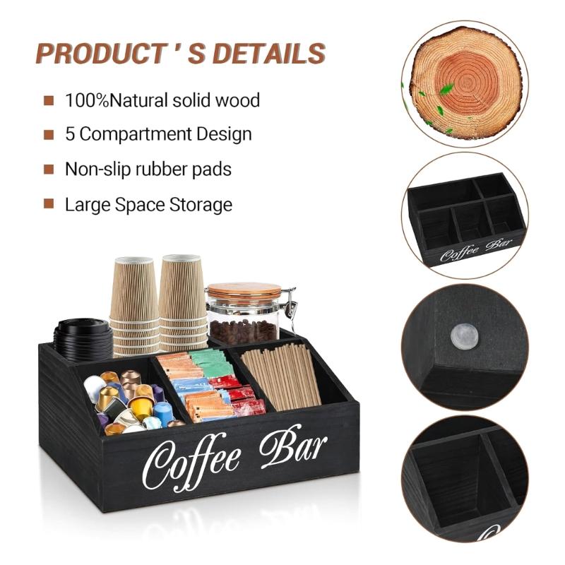 Multi Functional Coffee Accessories Storage Box Natural Wood Teas Condiment Organizer with Multiple Compartments