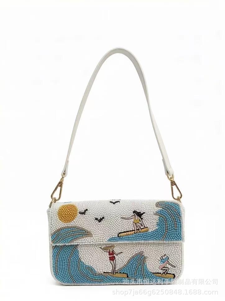 Borsa a tracolla da donna con ricamo a onde e perline per industria pesante, ragazza che fa surf con ornamento di perline, a spalla scoperta, a tracolla incrociata