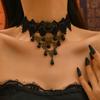 Vintage style dark red rose long fringed necklace goth black lace collarbone chain collar