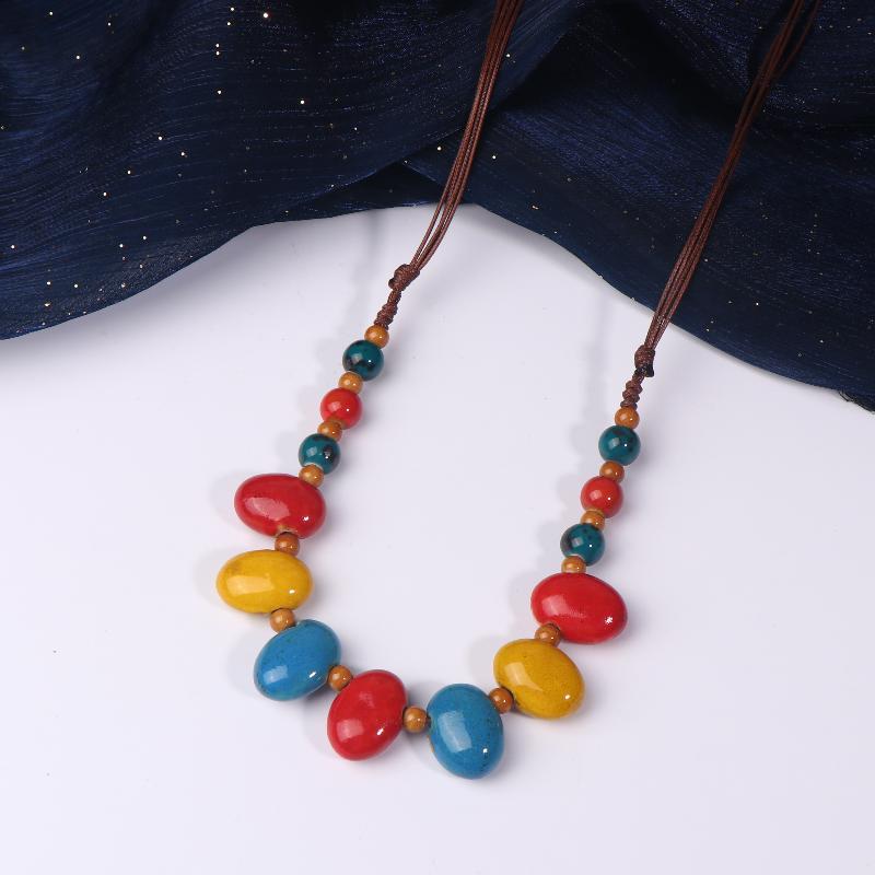 Colorful Ceramic Bean Necklace Handmade Boho Pendant Adjustable Vintage Jewelry For Women Gift