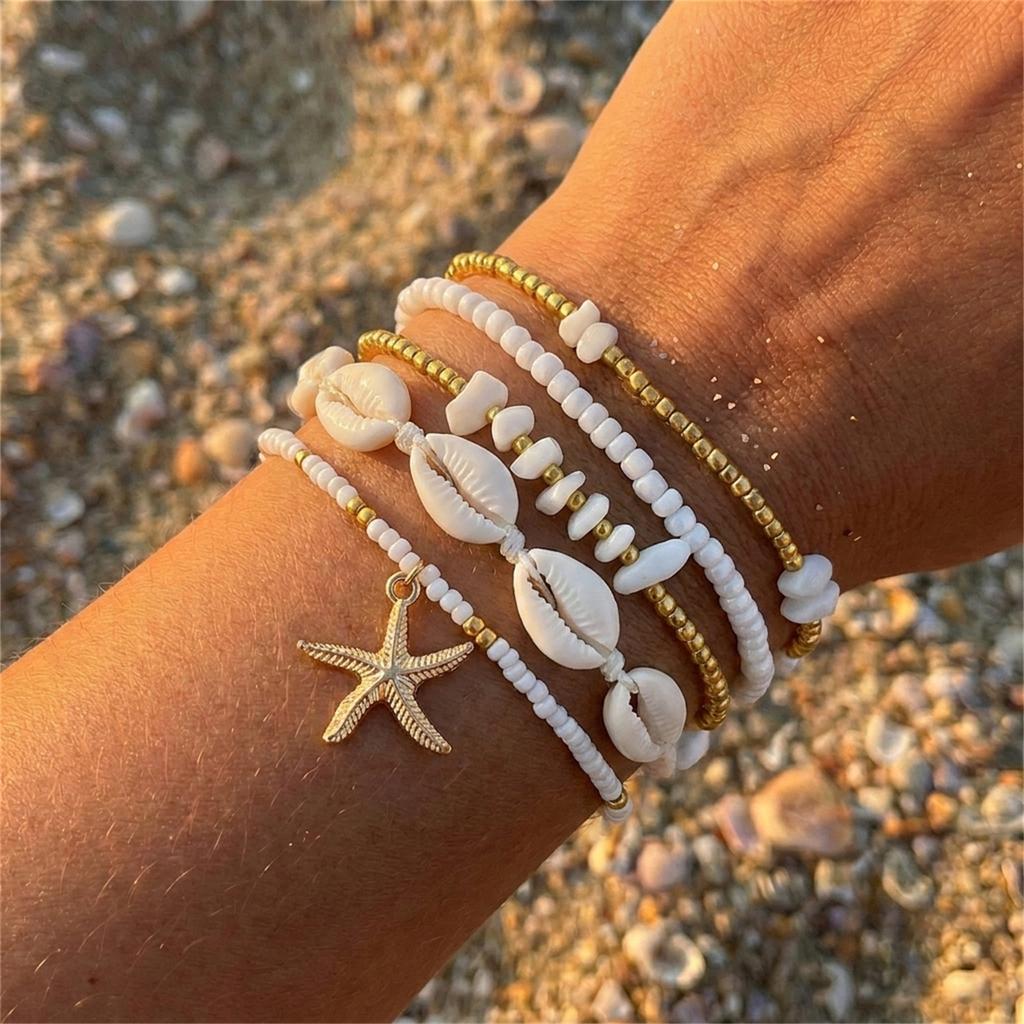 Women's Bohemian Starfish Shell Heishi Beads Bracelet Dainty Crushed Stone Braided Rope Chain Stackable Party Jewelry Gift