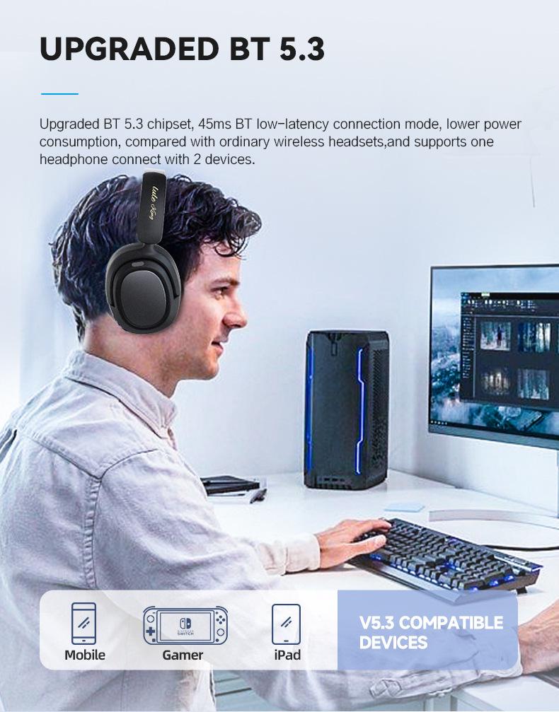 Dual-Feed Low-Latency Wireless Noise-Cancelling Bluetooth Headphones with Long Battery Life and 2.4G Connectivity