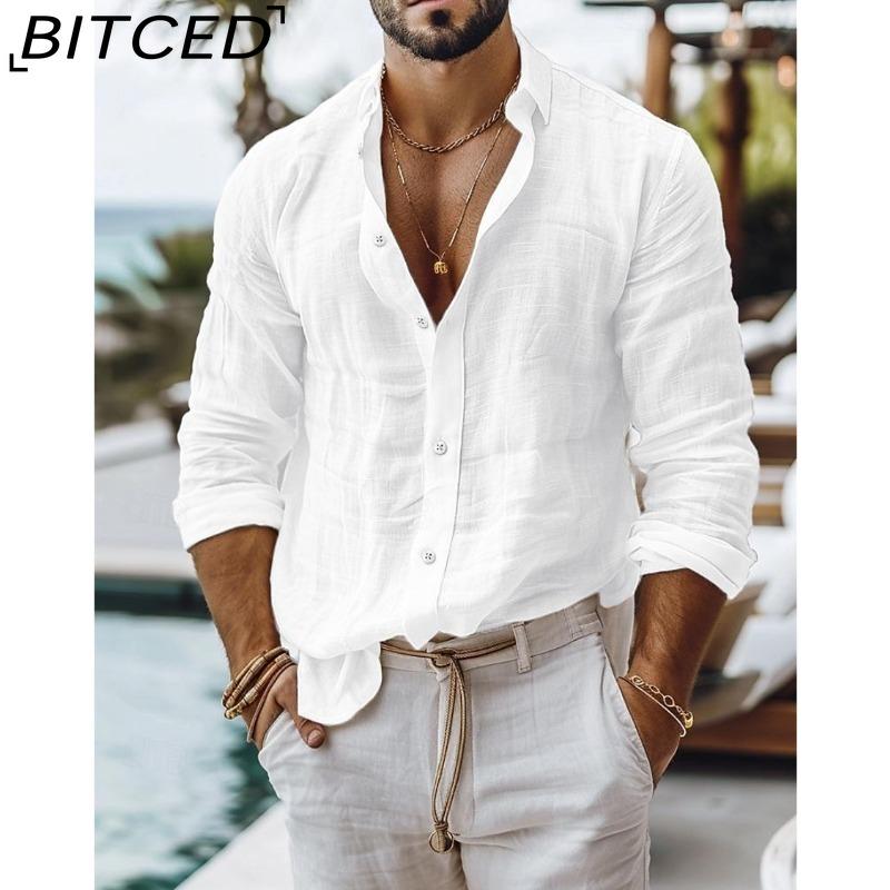 BITCED Herren Uni-Farbe Baumwoll-Leinen-Mischung Hemd Lässiger Stil Langarm Business Casual Hemd