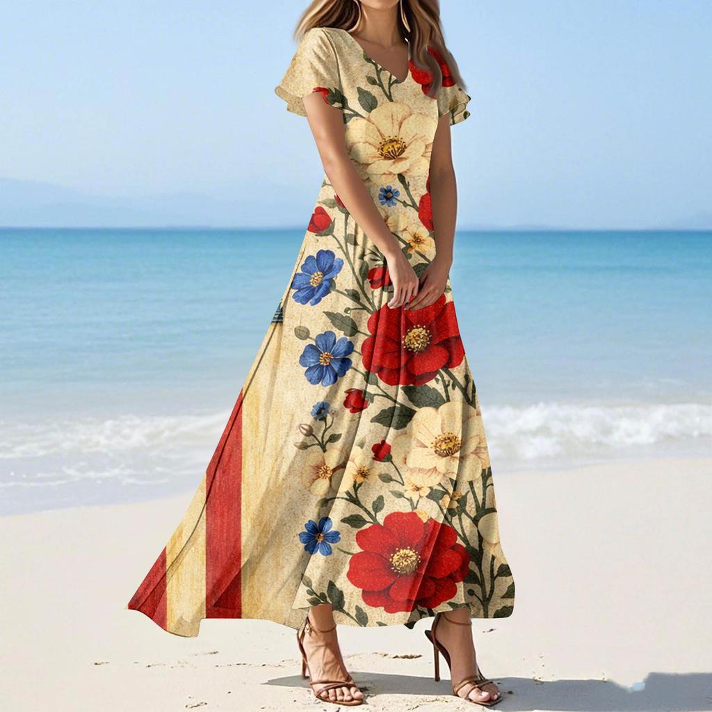 Dámské letní ležérní módní šaty s barevným potiskem Šaty s krátkým rukávem s výstřihem do V