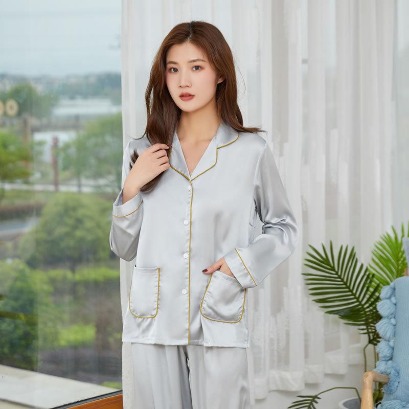 Wedding solid color pajamas cover long-sleeved air-conditioning clothes women's cardigan homewear casual double pocket set Korean version of premium
