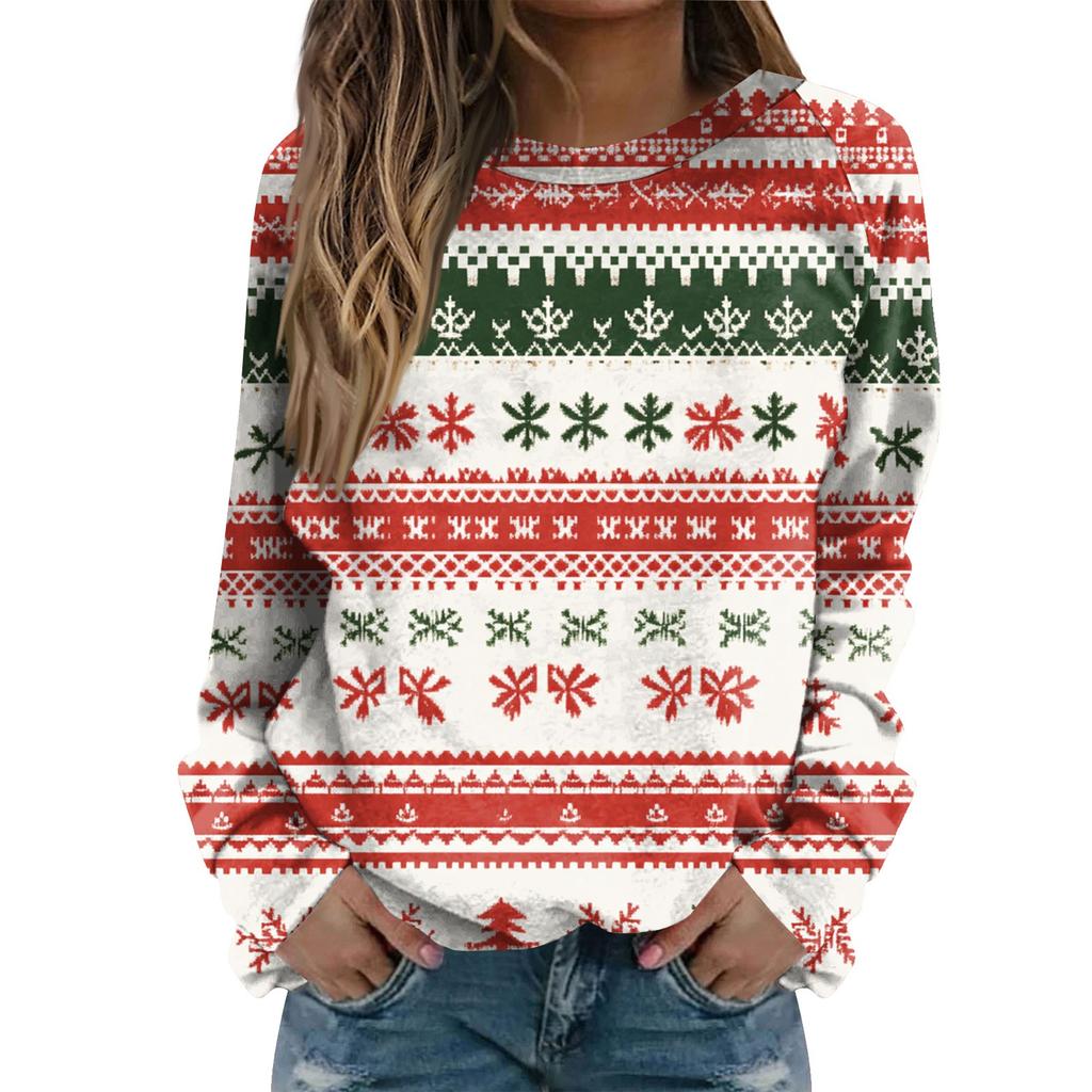 Women's Fashion Casual Long Sleeve Christmas Printed Neck Sweatshirt Top