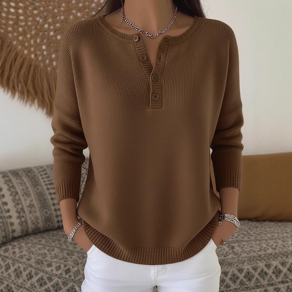 Women's Button Detail V-Neck Long Sleeve Knit Sweater Loose Fit Casual Pullover