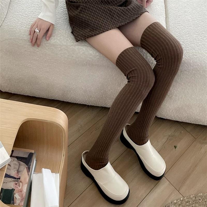 Hehe Socks - Double-stitch Knee-length Long Socks, Calf Socks with Stripes, Trendy Thigh-high Socks