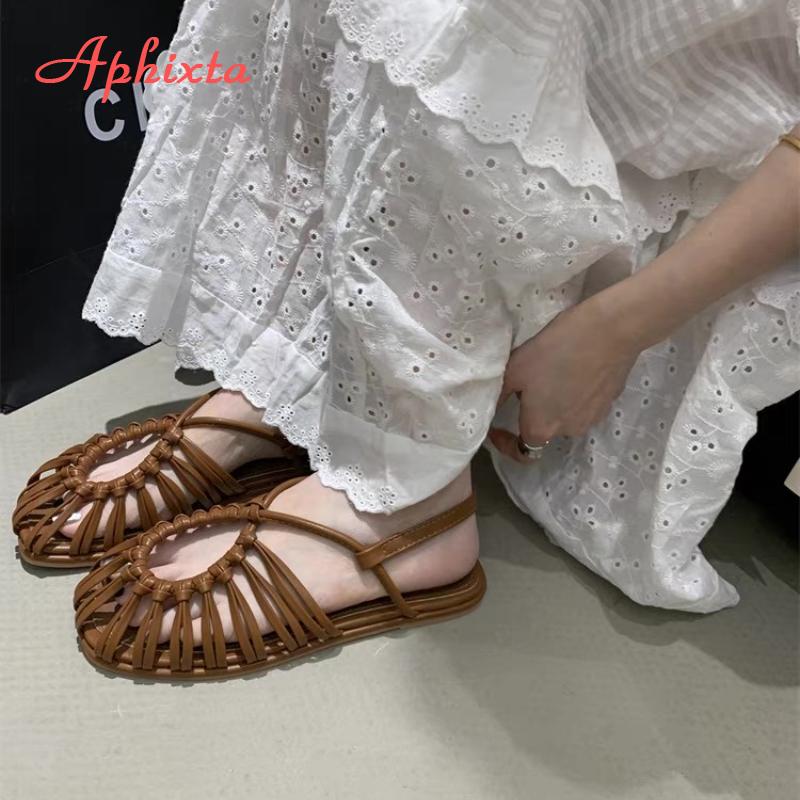 Aphixta New Flat With Woman Sandals Weave Narrow Band Outside Hollow Summer Shoes for Women 2025 Trend Shoes Sandalias De Mujer