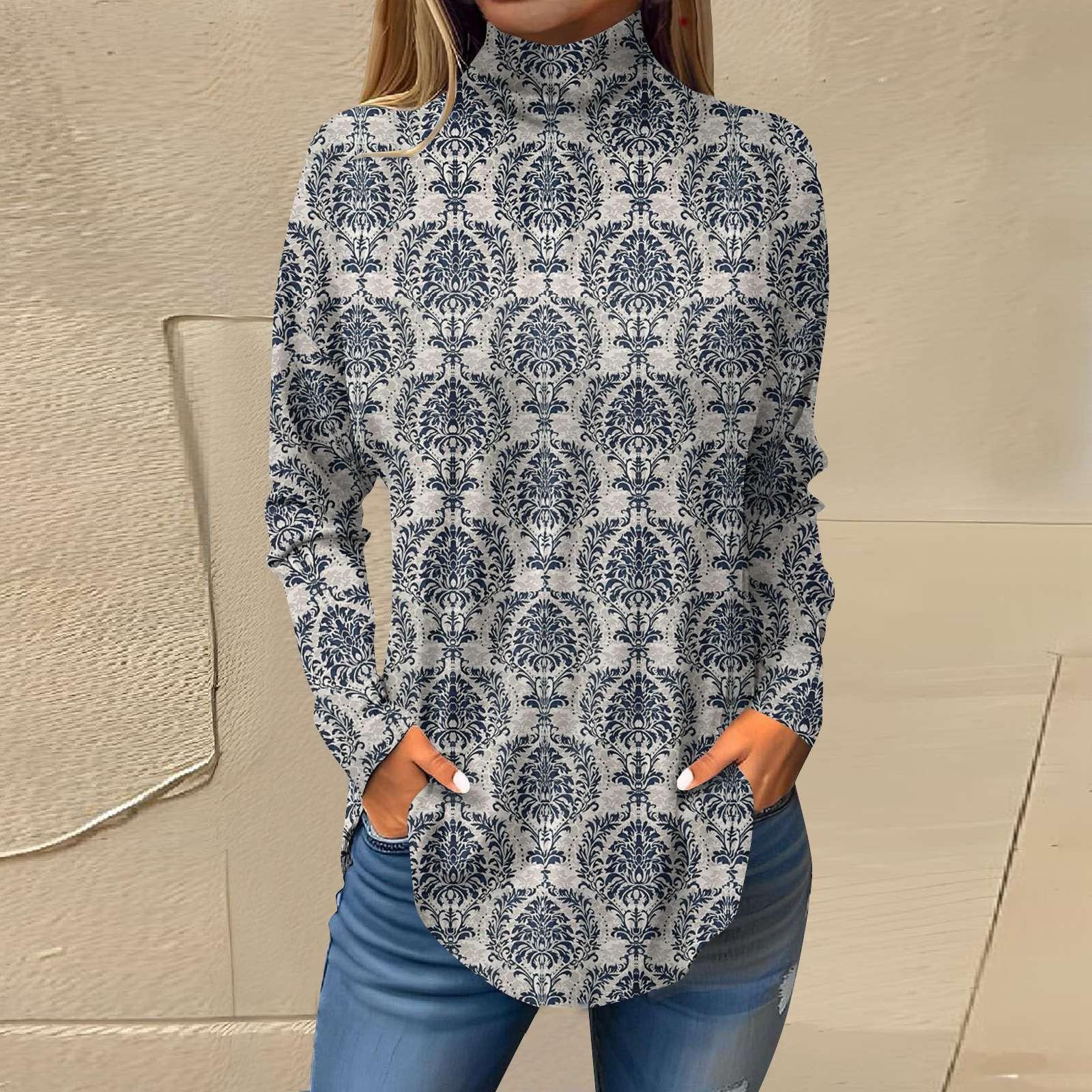 Women s Loose High Neck Retro Floral Print Long Sleeved T-shirt Top Pullover M