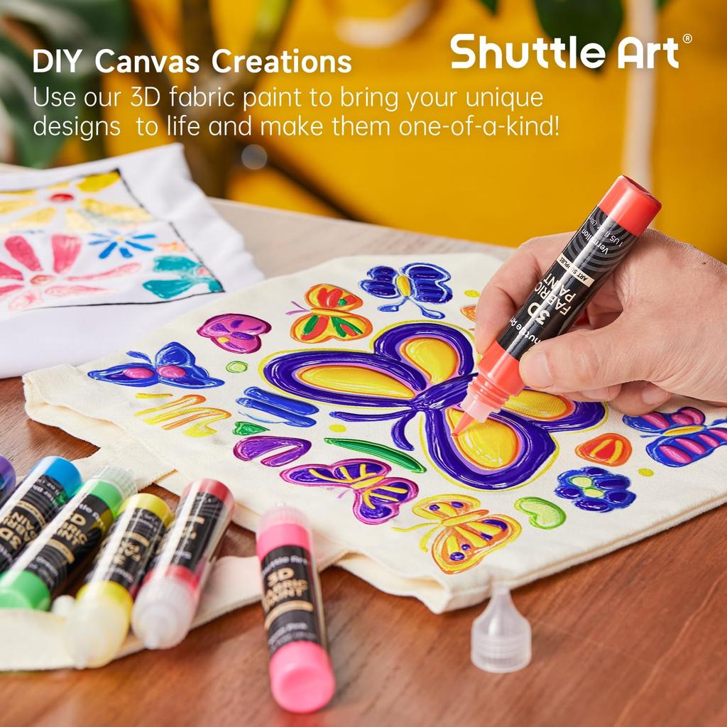 Shuttle Art Fabric Paint 3D 3D 66 Colors Set 30ml Cloth Enog Fabric Paint Metallic Color Washable Durable Comes with Paint Brush, Stencil and Palette