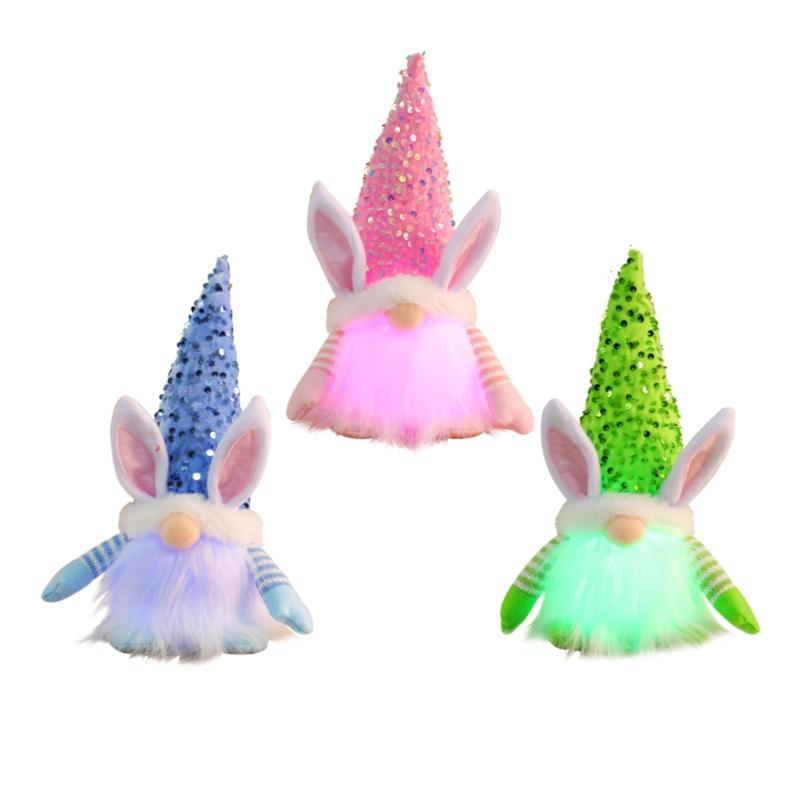 Easter Gnome Sequins Rabbit Faceless Doll with LED Light Ornaments for Spring Swedish Tomtes Dwarfs Home Decorations
