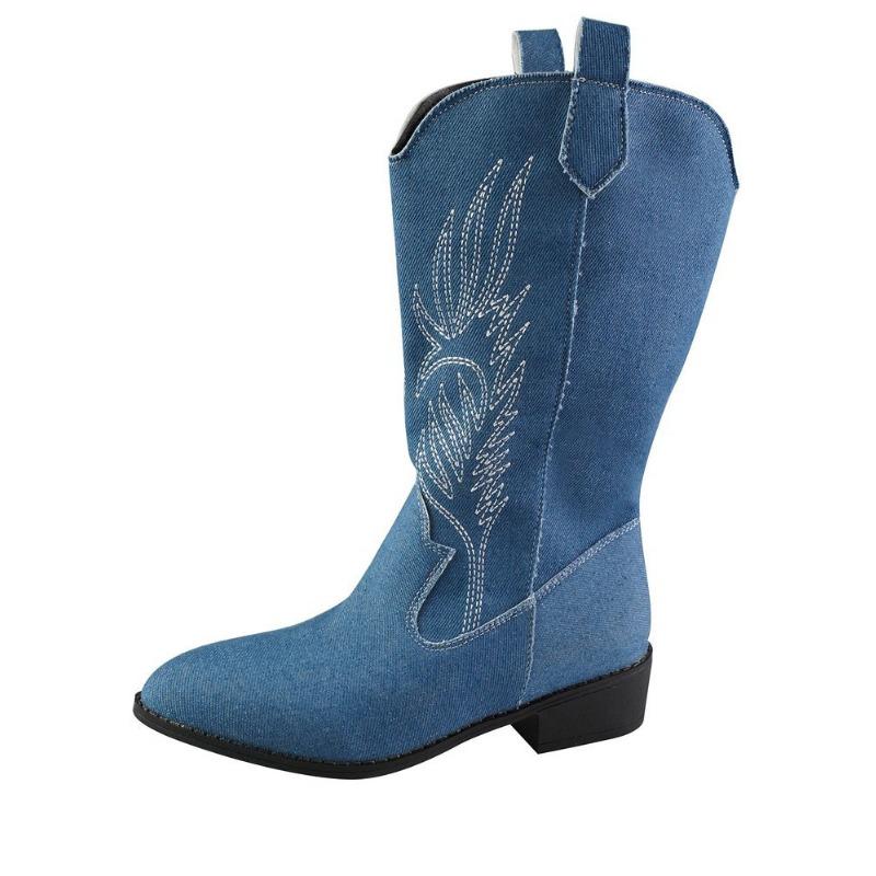 Large Size High Boots Women's Fashion Embroidery Pointed Head Low Heel Boots Women