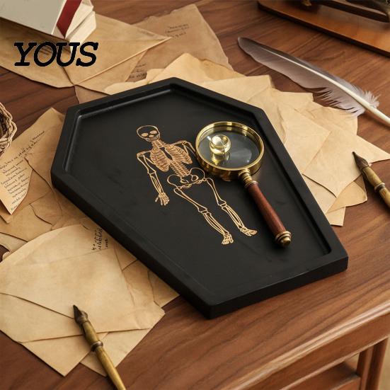 Halloween Party Serving Dish Gothic Tray with Engraved Skeleton, Wooden Charcuterie Board, Casket Creative Entryway Key Holder Shape Storage