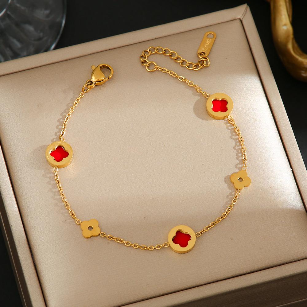 Luxe Titanium Staal Vierbladig Klaver Armband in Koreaanse Stijl met Ingelegde Diamanten voor Vrouwen - Kleurvast