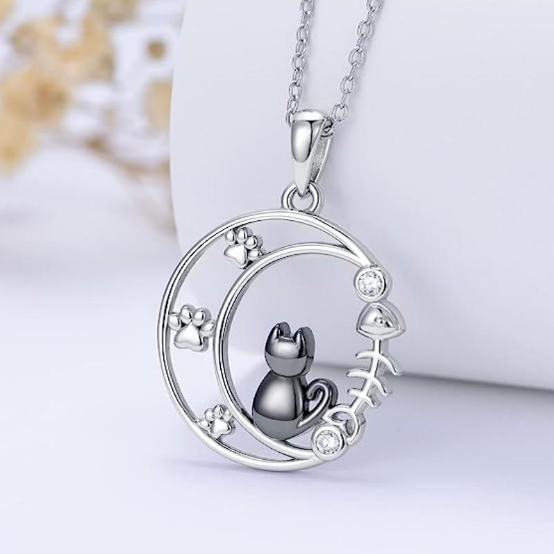 Creative Black Cat Crystal Moon Pendant Necklace For Women Cute Kitten Moonstone Choker Couple Y2K Jewelry Birthday Party Gift