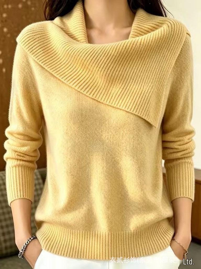 Asymmetrical Lapel Knit Sweater - Solid Color, Slim Fit, Versatile Long Sleeve Wool Sweater for Women