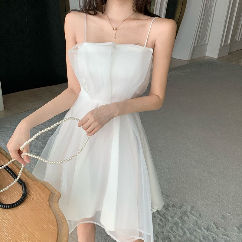 Sweet and Super Fairy Mesh Dress Women's Sleeveless Ruffle Mesh Camisole Dress High Waist A Line Short Mini Skirt Suitable for Parties Vacations
