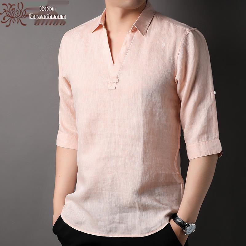 Men s 100% Linen V-Neck Short Sleeve T-Shirt L