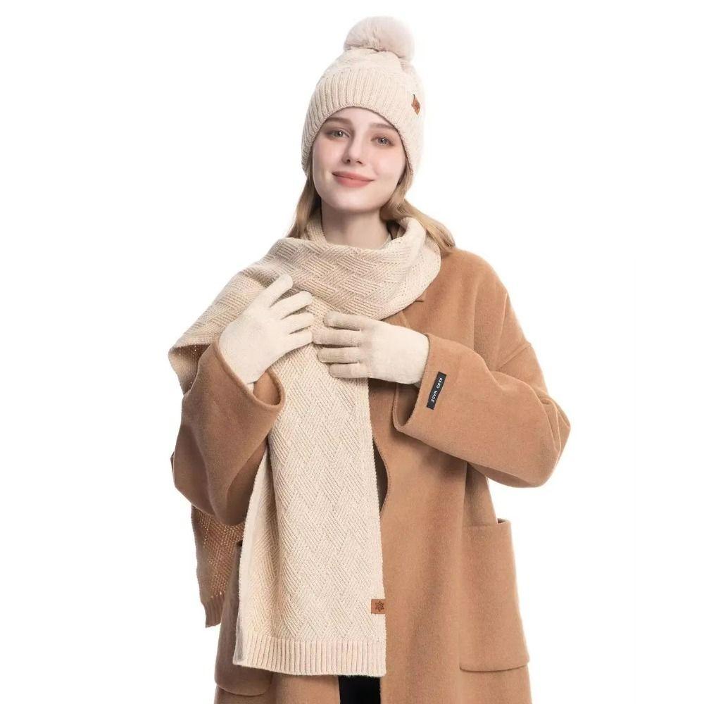 3pcs Wool Hat Scarf Gloves Set Solid Color Winter Beanie Hat Neck Warmer Thermal Knit Cap  Winter