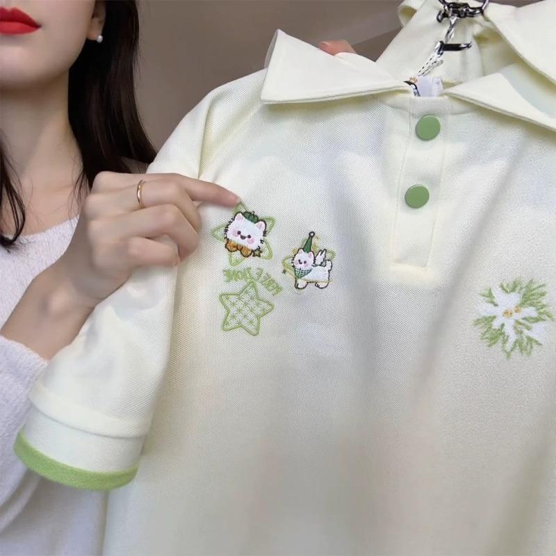 Summer gram snowflake pearl short-sleeved t-shirt women's embroidery loose POLO collar versatile women's new top