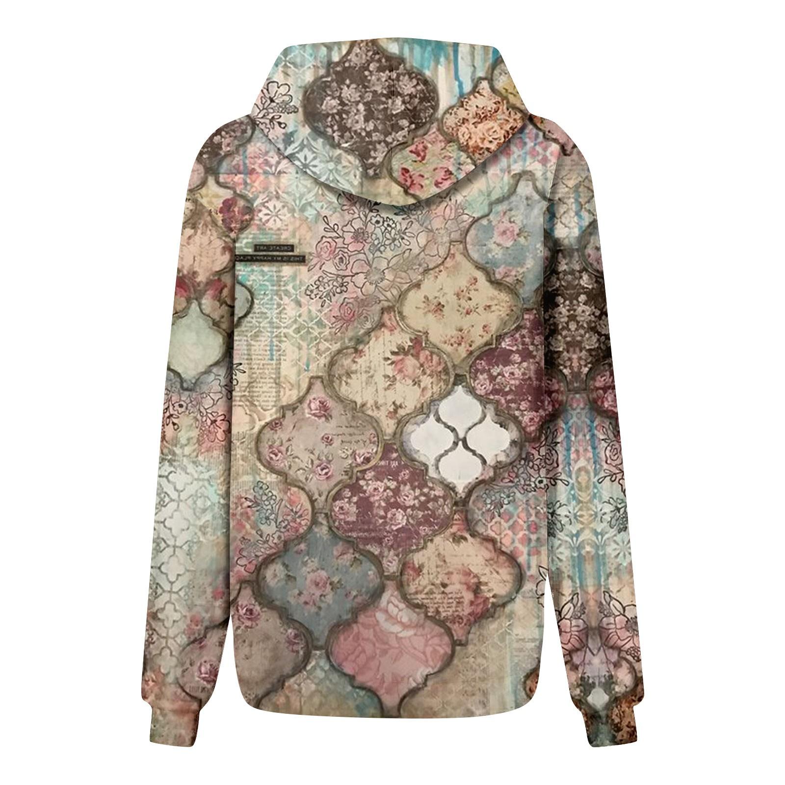 Женская повседневная мода винтажный принт длинный рукав пуловер с капюшоном топ XXXL — фото 4