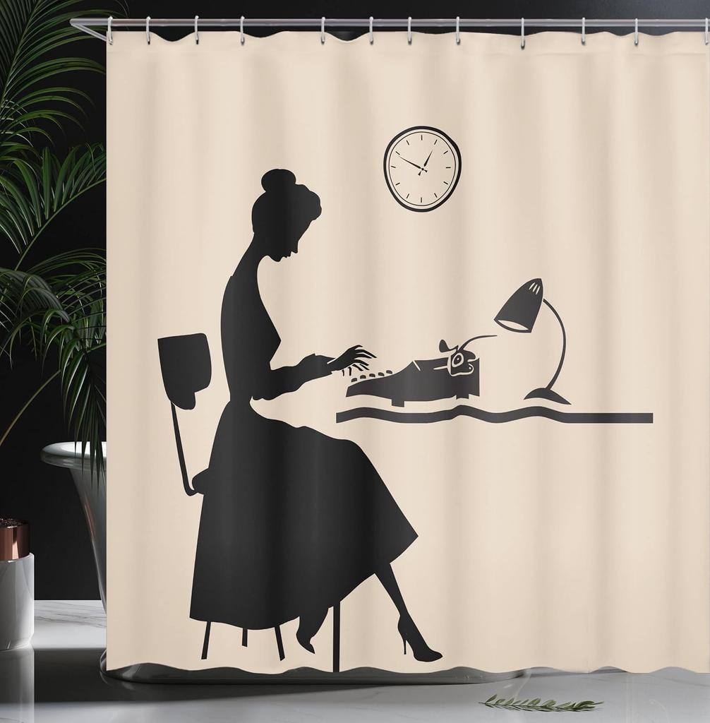 Typewriter Woman Shower Curtain Vintage Office Silhouette Design Retro Style Artistic Theme Bath Decor Waterproof Fabric