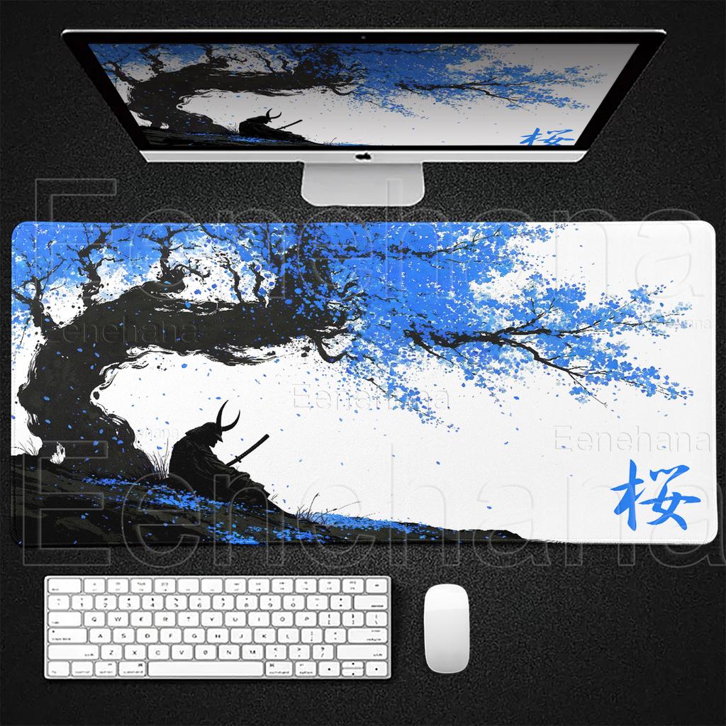Samurai Anime Mauspads Sakura Landschaft Schreibtischunterlage Schwarz Weiß Gamer Tastatur Großes Mauspads PC Zubehör Gaming Laptop Teppich