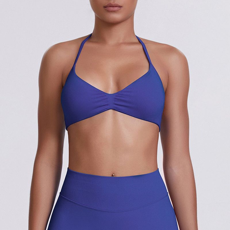 

European and American Style Thin Strap Beauty Back Halter Sports Bra for Women, Pilates Yoga Tank Top, Seamless Fitness Underwear Camisole Deep Sea Blue S