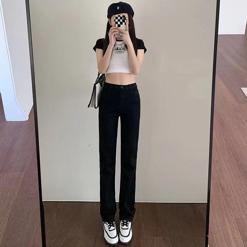 Women's High-Waisted Straight Leg Jeans: Slimming, Body-Shaping, for Petite Frames; Loose, Long-Leg Look, Cropped Student Style.