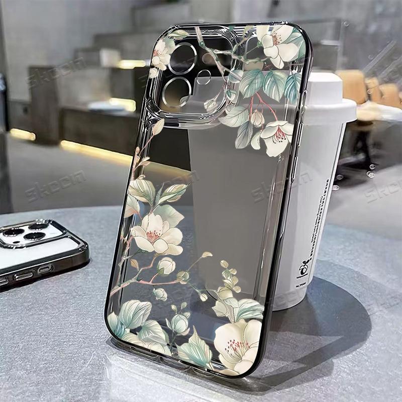 Delicate White Floral Green Leaves Phone Case for iPhone 17 16 15 14 13 12 11 16E Series Pro Max Plus Double Layer Protection