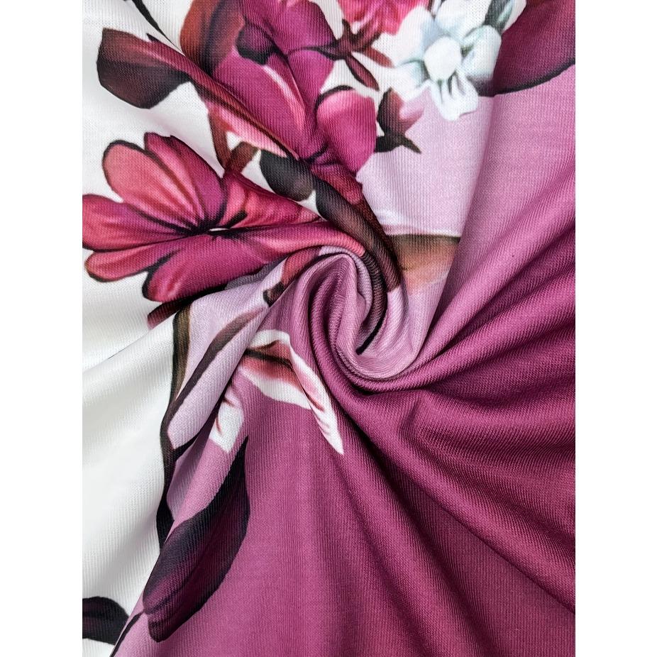Women's Casual Elegant Round Neck T-Shirt - Floral Print Summer Top Maroon Color Block Design Breathable Medium Stretch Casual