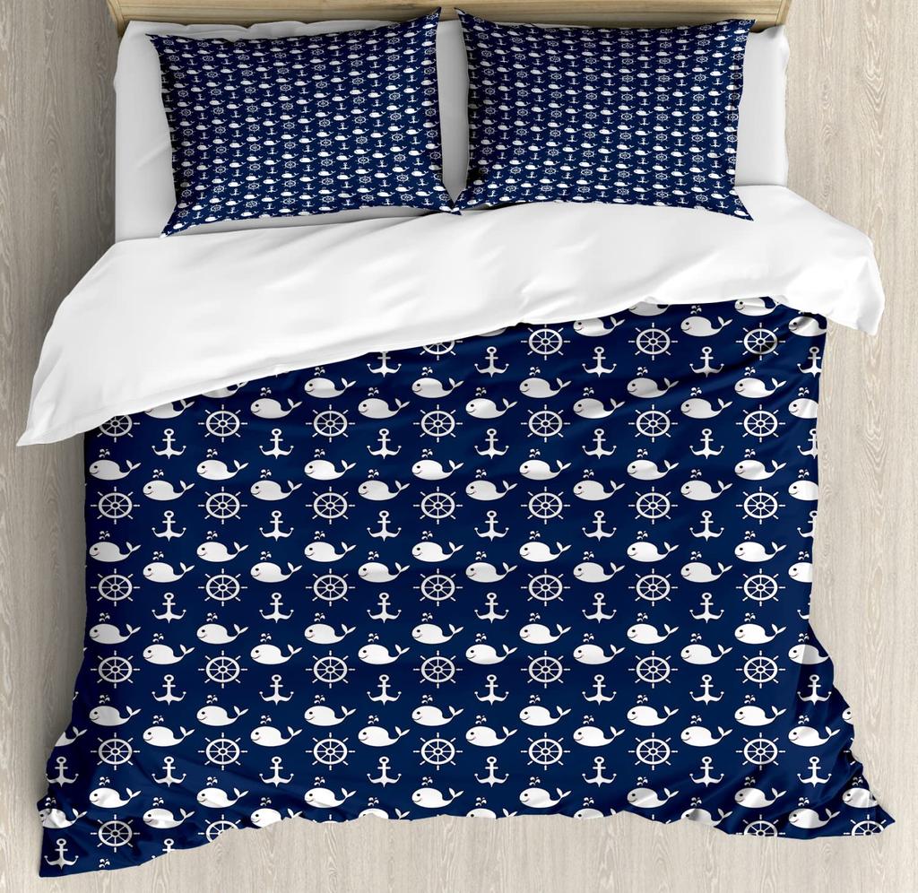 whale and Anchor duvet cover set for teens kids boys queen Lightweight Bedspread Cover bedroom Decor Navy Blue Ocean Bedding Set