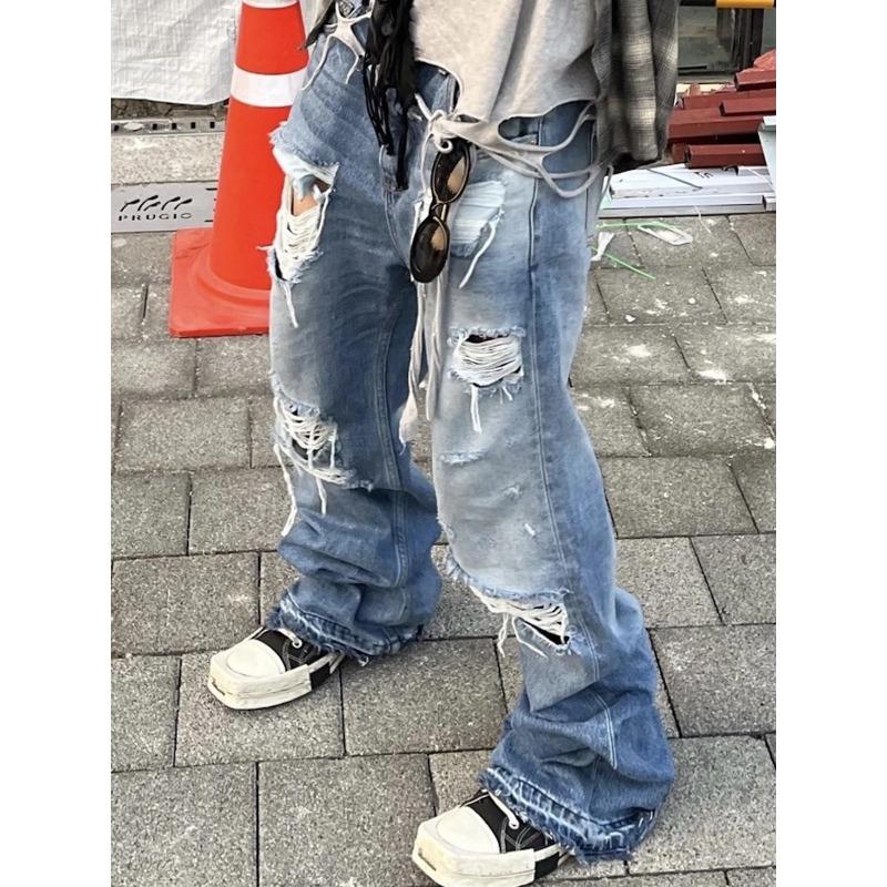 DRIPX Distressed Vintage Hole Ripped Blue Flare Jeans Pants for Men and Women Streetwear Casual Baggy Denim Trousers Oversized Cargos