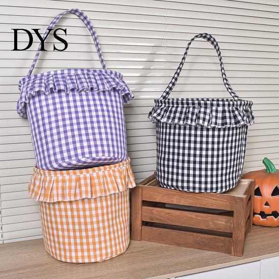 Versatile Household Storage Halloween Basket, Plaid Ruffle Trick or Treat Candy Bucket with Handle Easter Egg Hunt Carriers for Kids, Reusable Gingham
