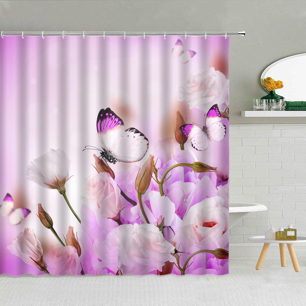 

Romantic Butterfly White Rose Flower Shower Curtain Spring Floral Scenery Girl Gift Bathroom Decor Waterproof Fabric Curtains W60H190(CM)-1 Pcs