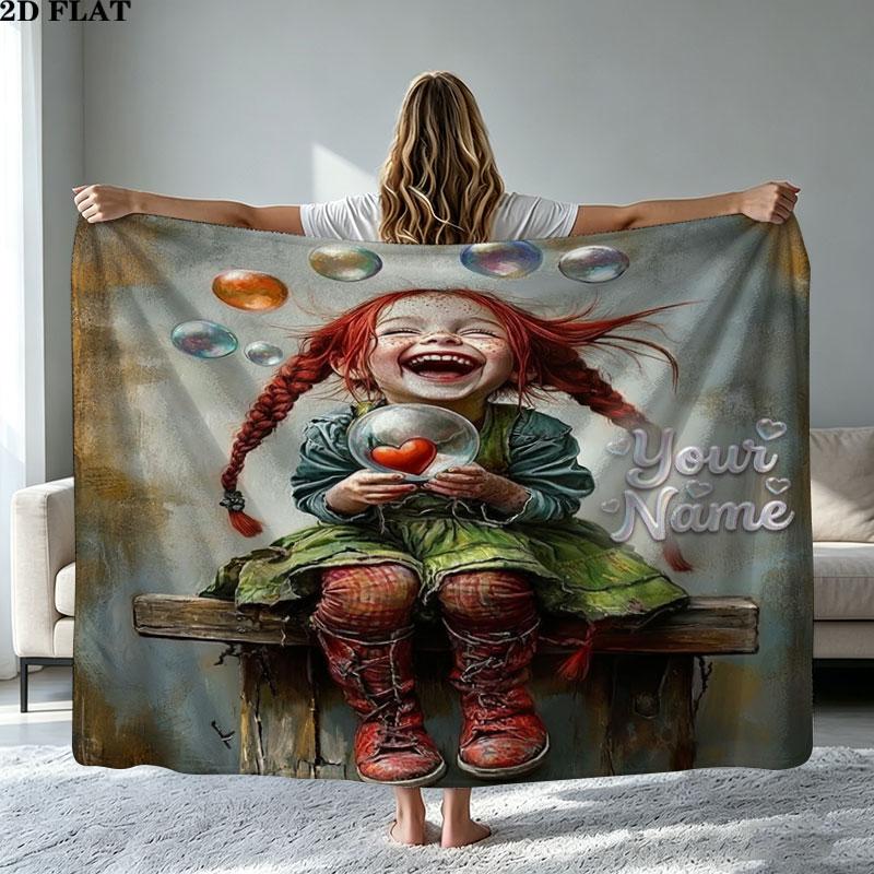 1PC Pippi Longstocking Custom Name Patterned Flannel Blanket Suitable For All Seasons for Home Decor Warmth and Comfort Gifts Holiday Present