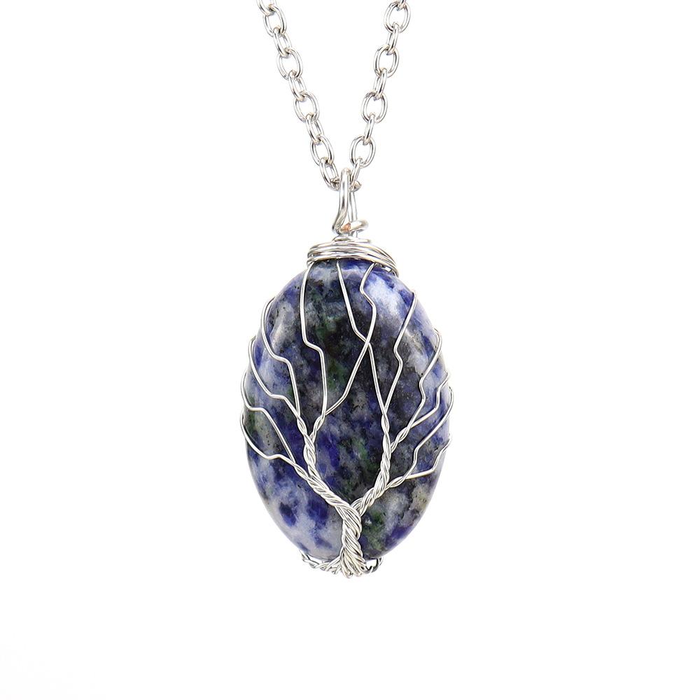 Natural Rough Crystal Amethyst Tiger Stone Oval Tree Of Life Pendant Necklace N643
