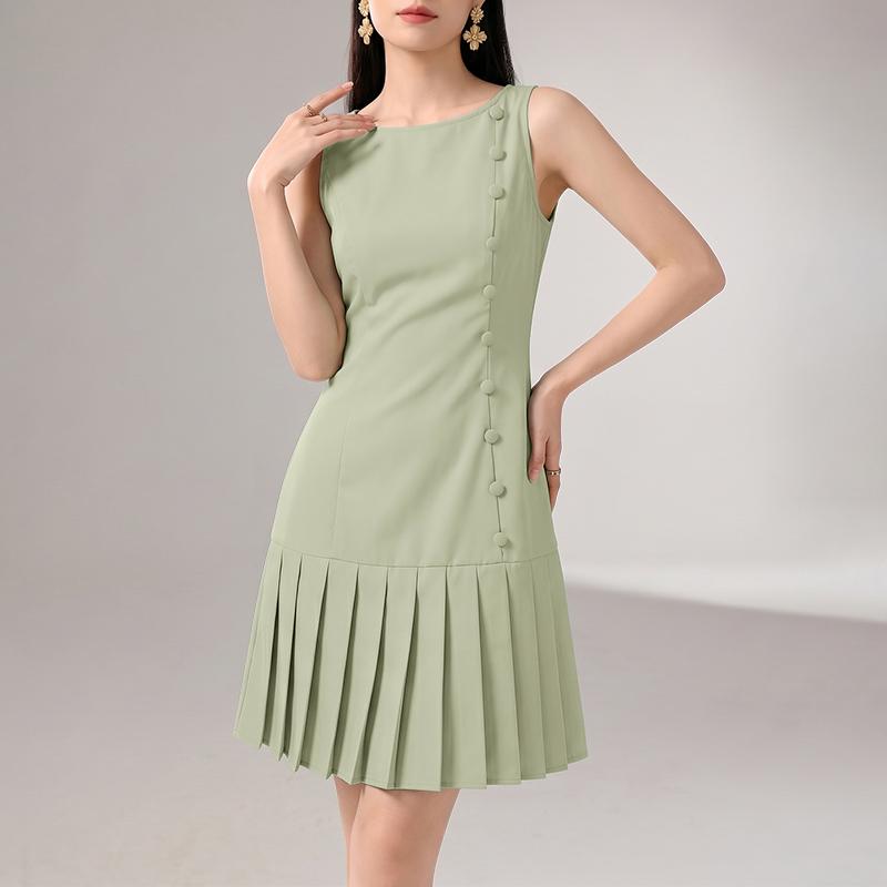 ZANZEA Women Casual Round Neck Sleeveless Pleated Hem Tank Dress S