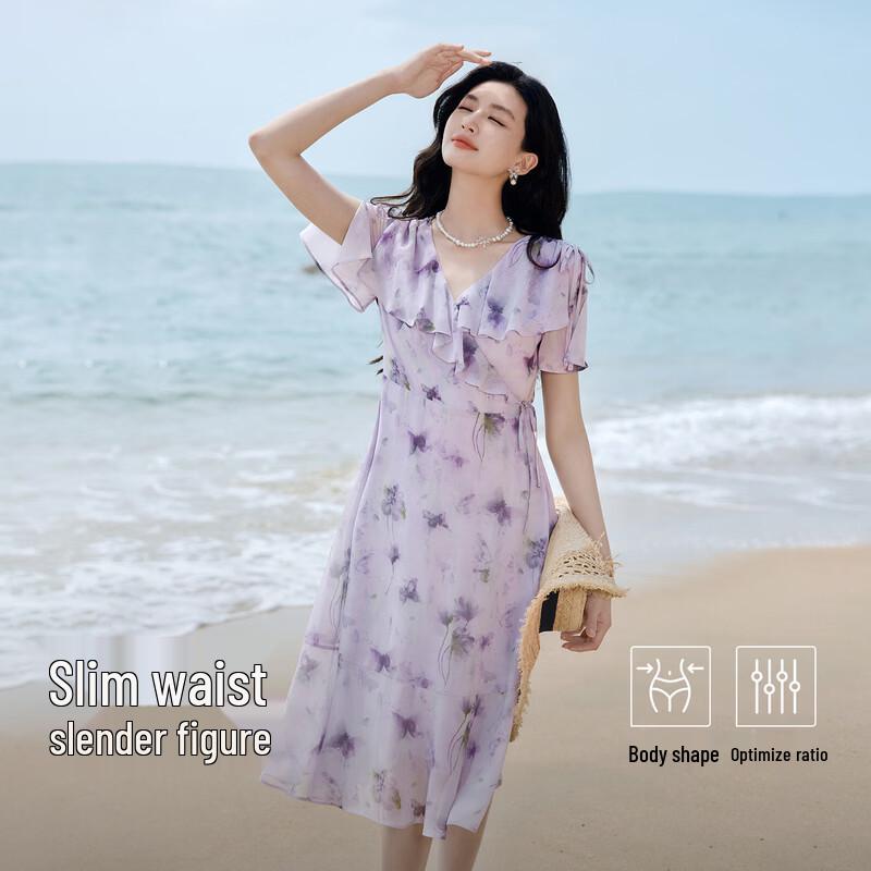 Women s V-Neck Ruffle High-Waist Mid-Length Dress M