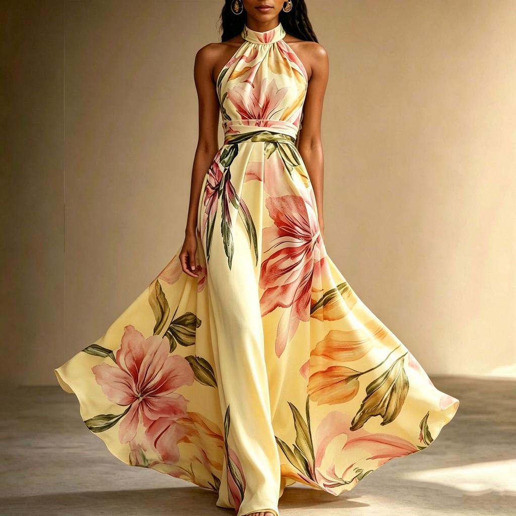 Women Halter Neck Maxi Dress Floral Print Sleeveless Long Flowing A-Line Vacation Dress with Waist Tie