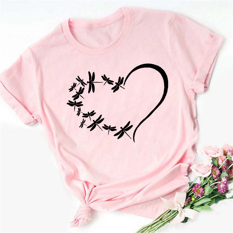 New Love Heart Dragonfly Print Women T-Shirt Fashion Casual Short Sleeves Ladies O-Collar T Shirts Streetwear Graphic Print Tops