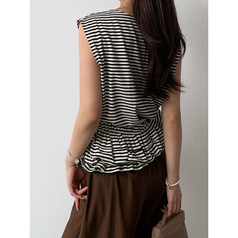 Cross-Border Japanese and Korean New Arrival Fruit Green Stripes Round Neck Ruffles Tight Wrapped Chest Belt Two-Way Sleeveless T-shirt for Women
