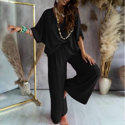 Women's Set Casual Solid Color Short-sleeved Tops Loose Wide-leg Pants