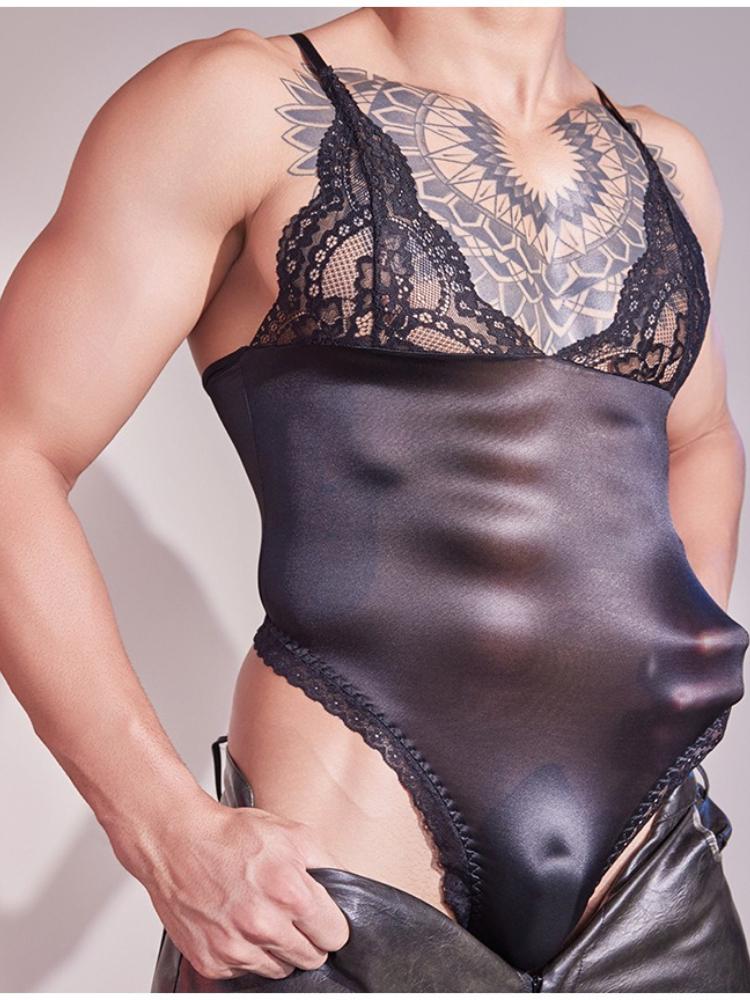 Men'S Sissy Lingerie Snap Open Crotch Bodysuit Sheer Lace Stain Spaghetti Strap Cami Leotard Elastic Glossy Crossdress Underwear