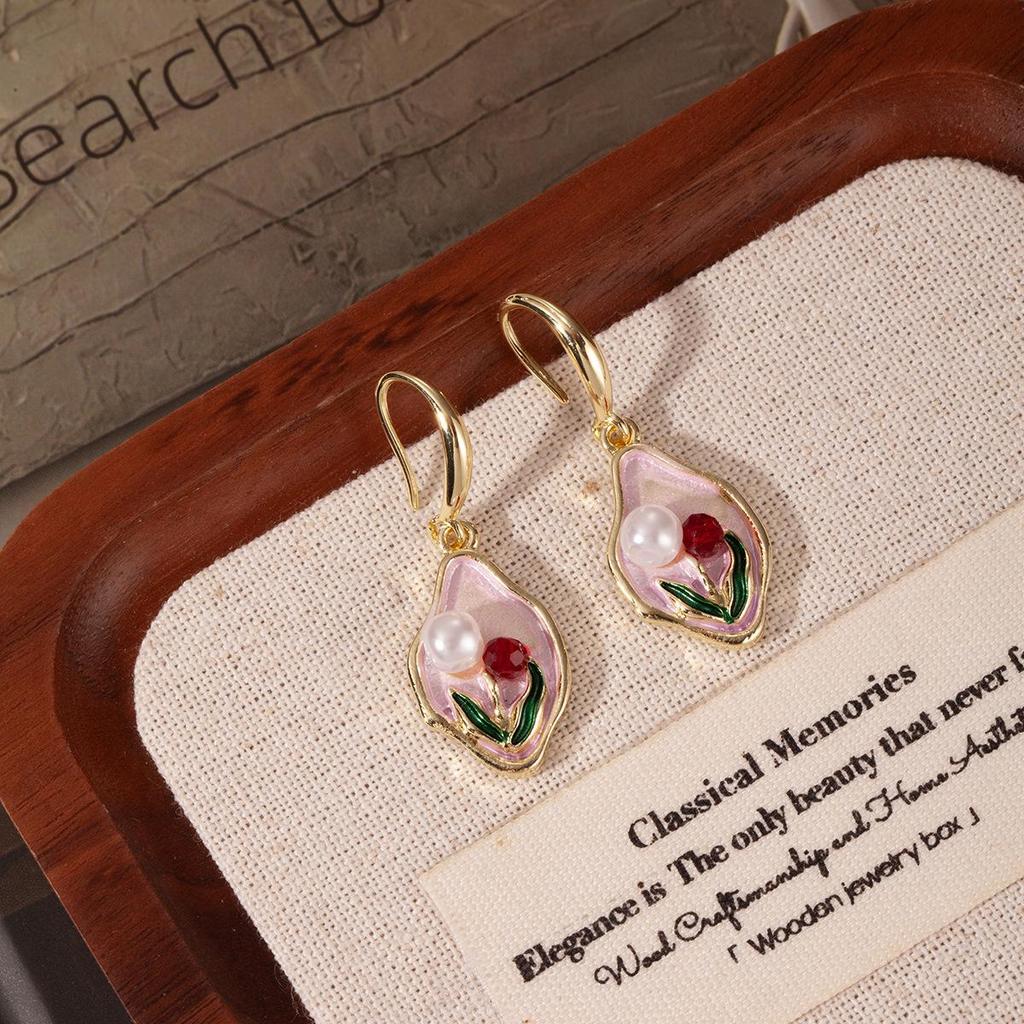 Elegant French Pink Flower Enamel Stud Earrings