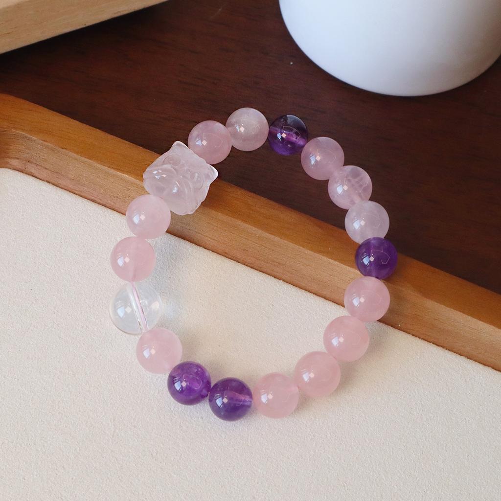 Natural Pink Quartz Crystal Bracelet for Women,fashion Design Amethyst Bracelet Powder Crystal Beaded Jewelry