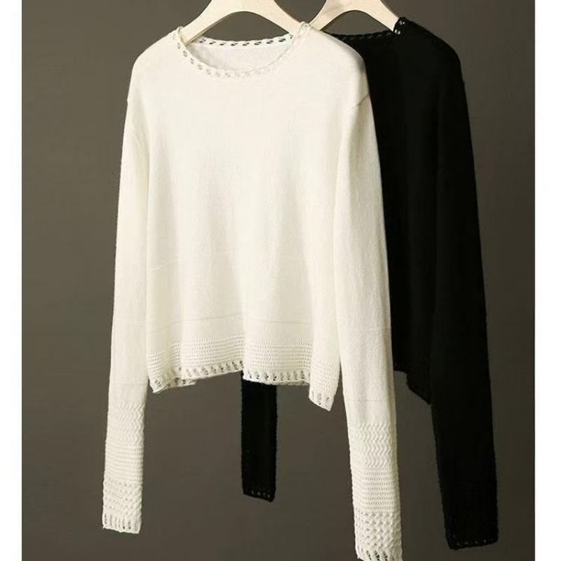 Women Loose Hollow Out Crew Neck Thin Knit Sweater Casual Long Sleeve Pullover Top